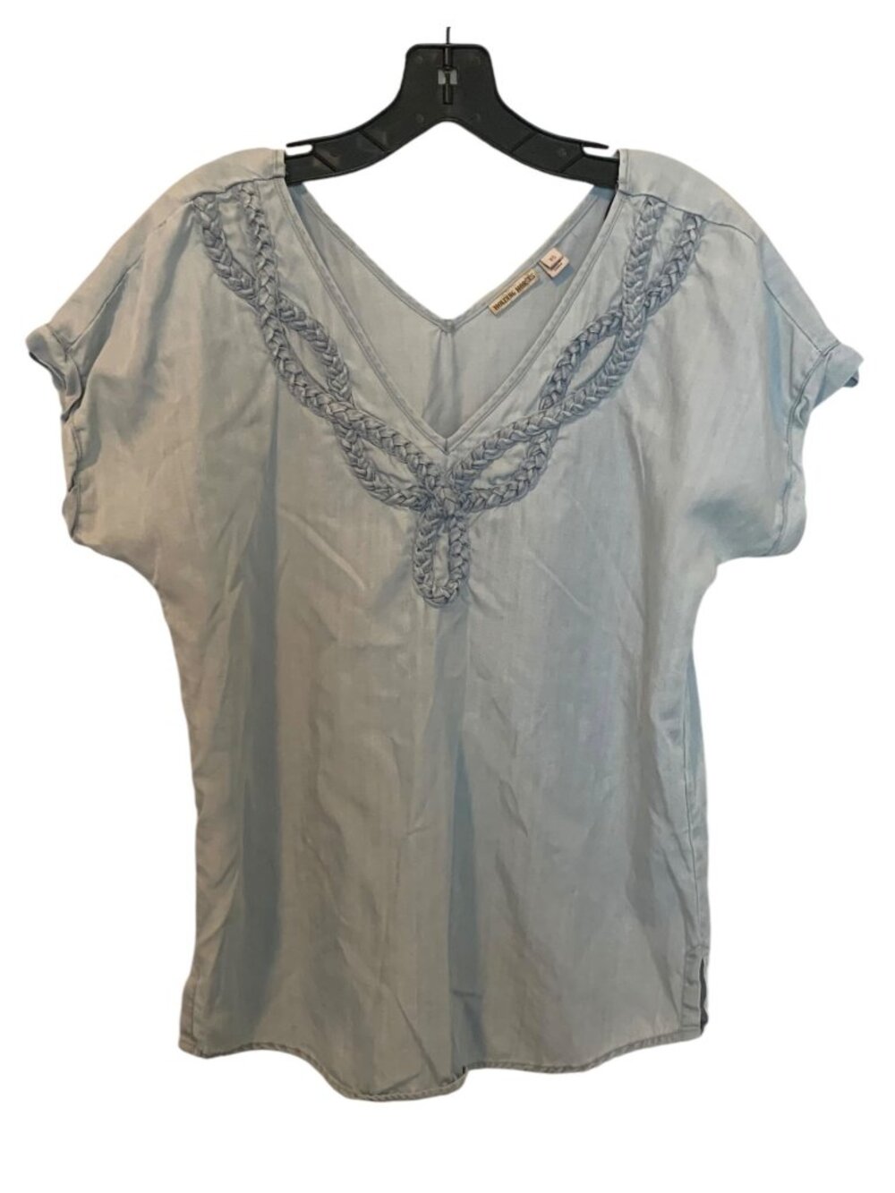 HOLDING HORSES ANTHROPOLOGIE Light Blue Chambray Braided Neckline Top Size XS